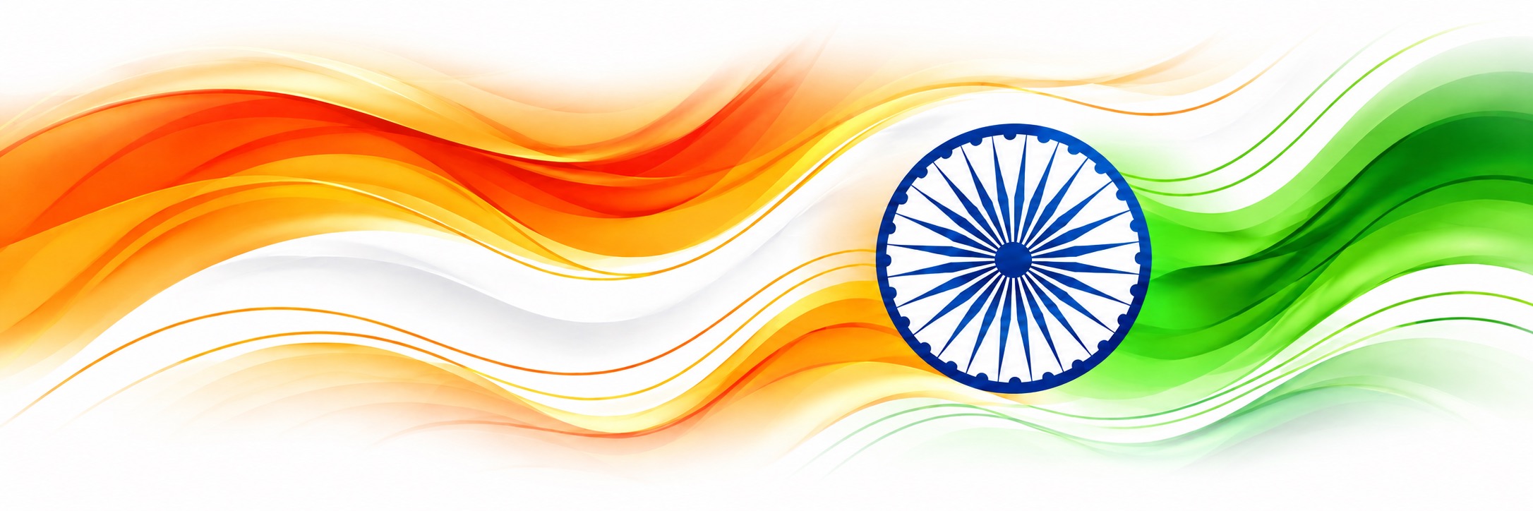 Saffron and green flowing ribbons with a blue Ashoka Chakra on a white background.